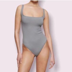 Skims Women’s XL Square Neck‎ Cotton Rib Bodysuit Pacific Gray Snap Close New